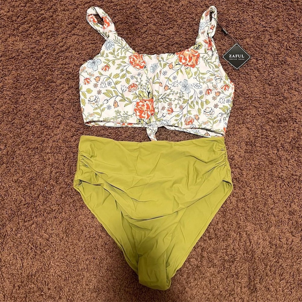 ZAFUL Women's Green Floral Knotted Front Tankini Simwear Set Size‎ XL NWT
